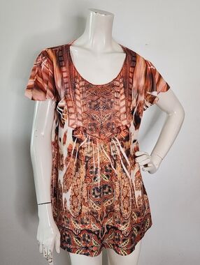One World  Boho Top Women's L Orange Embellished Tunic Whimsigoth